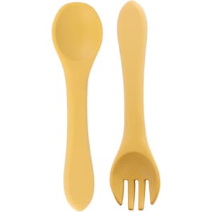 A set of classic silicone kids cutlery in a vibrant yellow colour, featuring a spoon and a fork. It has a logo.