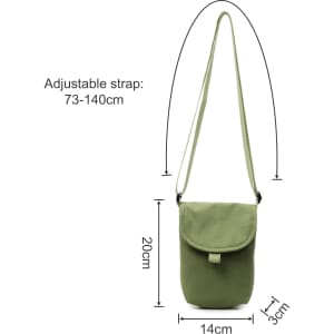 A small size canvas shoulder bag in green with an adjustable strap and a flap closure. Dimensions: 20cm x 14cm x 3cm.