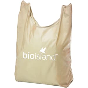 A foldable shopping tote bag in beige with a logo on the front.