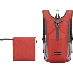 A red large packable camping backpack alongside a smaller, folded version of itself. Features a logo on the front.