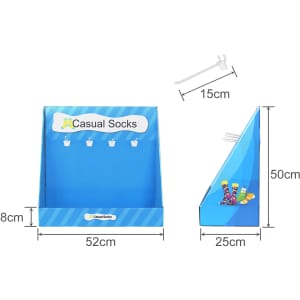 A blue corrugated cardboard display stand with hooks for casual socks, featuring a slanted design and various colours.