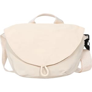 A casual crossbody bag in a light beige colour, featuring a flap closure and an adjustable strap.