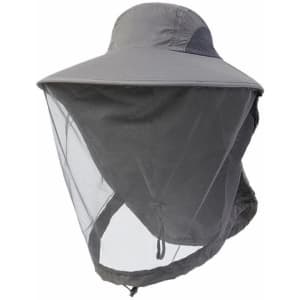 A grey mosquito mesh hat featuring a wide brim and a mesh neck cover for protection against insects.