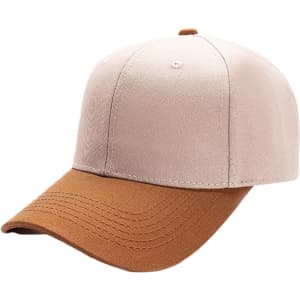 A 6 panel adjustable baseball cap in beige with a brown peak, featuring a branded logo on the front.