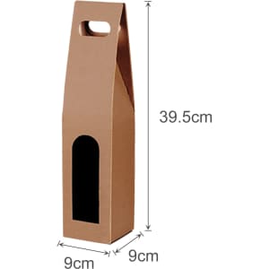 A drink bottle packaging in brown cardboard, featuring a handle and a window cut-out, measuring 39.5cm tall and 9cm wide.