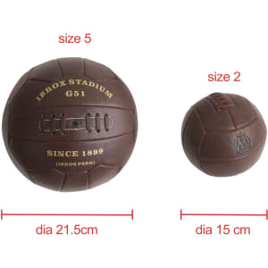 Two vintage-style brown soccer balls in varying sizes, featuring a logo and text details.