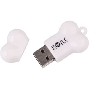 A white, bone-shaped flash drive with a removable cap and a logo on its side.