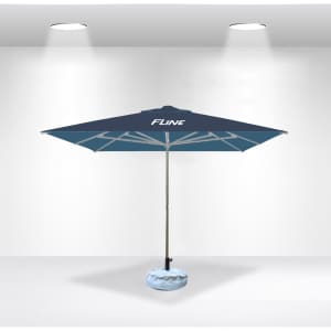 A square market umbrella in navy blue with a central pole and a base, featuring a logo on the canopy.