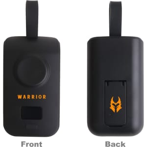 A black portable power bank for Apple Watch featuring a circular button, a small display, and a logo.