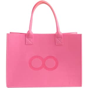 A pink customizable felt tote bag with handles and a logo on the front.