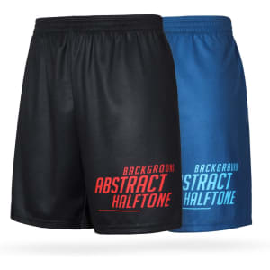 Unisex running shorts in black and blue, featuring a logo and an abstract halftone design. Made from 100% polyester.