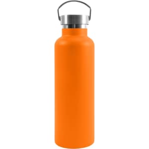 An orange stainless steel insulated drink bottle with a silver lid and handle. It features a simple design and has a logo.