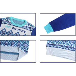 A unisex winter acrylic cotton jacquard sweater featuring blue and turquoise patterns, with a ribbed collar and cuffs.