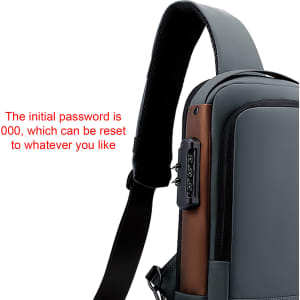 A grey anti-theft sling bag featuring a side strap and a combination lock. It has a simple, modern design.
