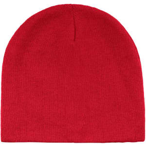 A red beanie with a snug fit and a simple design, featuring a logo on the side.