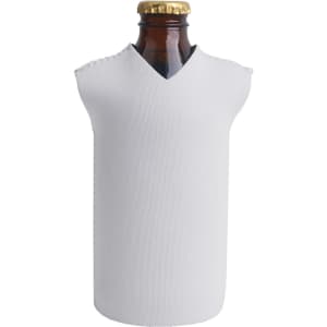 A drink bottle cooler in white, resembling a sleeveless top, with a bottle partially exposed at the top.