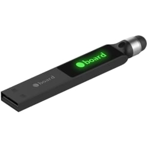 A black flash drive with a stylus tip and a backlit logo. Features a sleek design for portability.