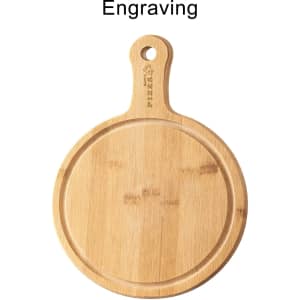 A bamboo wood pizza tray with a handle and a circular surface, featuring a logo on the handle.