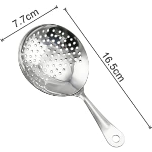 A stainless steel cocktail strainer with a long handle and perforated bowl, measuring 7.7 cm by 16.5 cm.
