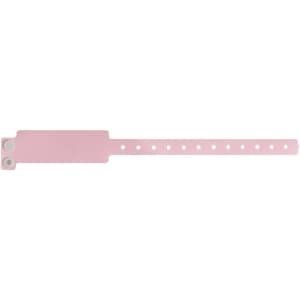 A pink disposable PVC wristband with a smooth finish and multiple holes for adjusting size. It features a logo.