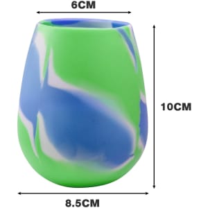 A silicone cup in green and blue, egg-shaped with dimensions of 6cm in diameter and 10cm in height.