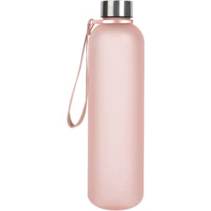 A drink bottle in a matte pink finish with a stainless steel lid and a strap for easy carrying.