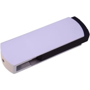 A white and black flash drive with a sleek design, featuring a logo on one side.