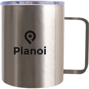 A stainless steel mug with a smooth finish, featuring a clear lid and a handle. It has a logo on the front.