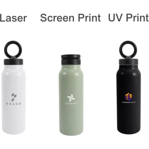 A drink bottle in white, green, and black, featuring a logo on each. Each bottle has a magnetic phone holder.