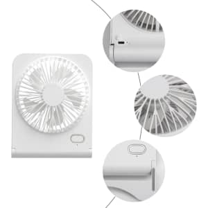 A white mini desk fan with a circular grille and a power button, featuring various angles of its design.