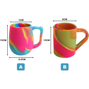 A custom silicone mug in vibrant pink, blue, and green colours, featuring a handle and different sizes.
