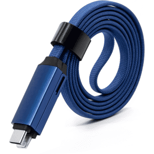A blue 60W Long 3-In-1 charging cable, featuring a braided design and a sleek connector. It has a logo on the connector.