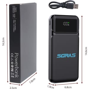 A black 10000mAh Eco Fast Charging Power Bank with a digital display and a USB charging cable. It features a logo.