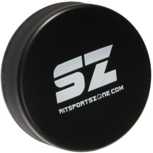 A black hockey puck shaped stress reliever with a logo on the front.