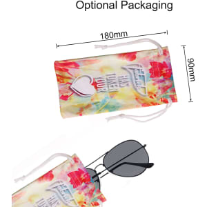 Classic aviator sunglasses in a black frame, presented in a vibrant, floral-patterned pouch.
