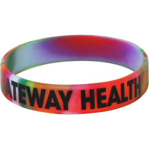 A marble coloured silicon wristband featuring a logo, with vibrant hues of red, green, and purple.