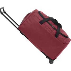 A wheeled duffel bag in a deep red colour, featuring a retractable handle and sturdy wheels.
