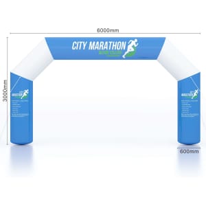 A large inflatable arch in blue and white with a logo, designed for marathon events, measuring 6000mm wide and 3000mm high.