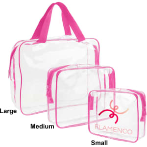 A set of clear toiletry bags in varying sizes—large, medium, and small—with pink accents and handles.