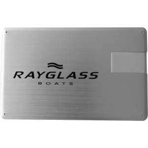 A sleek silver swivel card flash drive featuring a logo on the front.