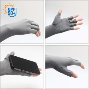 Long sleeve, grey sun protective fingerless gloves with textured grip, designed to cover hands and forearms.