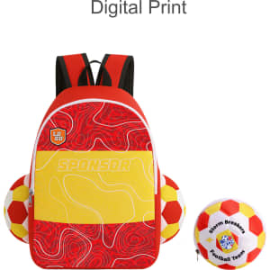 A foldable gym bag in red and yellow with a digital print design, featuring a logo and two soccer balls on the sides.