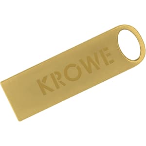 A gold flash drive with a sleek rectangular design and a loop at one end. It includes branding.