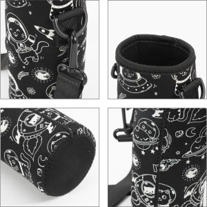 A drink bottle carrier in black with a fun space-themed design featuring cats and UFOs. It includes a strap and has a logo.