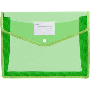 A transparent green envelope expanding document folder with a textured finish and a space for indexing.