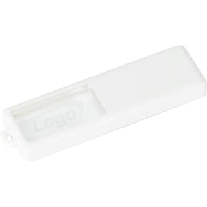 A white sliding acrylic flash drive with a transparent window featuring a logo.