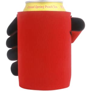 A red stubby holder with a black hand design, holding a can of drink. It features a logo on the holder.