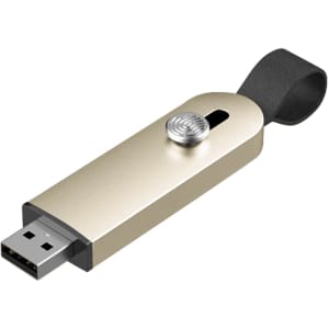 A sliding metal flash drive in gold and black, featuring a smooth metallic surface and a loop for easy attachment.