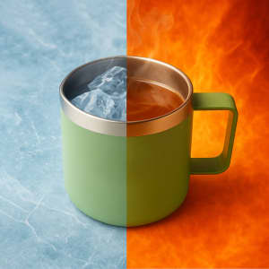 A drink bottle featuring a green, recycled stainless steel cup with ice and a hot beverage, displayed against contrasting backgrounds.