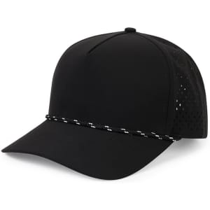 A black performance cap with a rope detail and mesh backing, featuring a logo on the front.